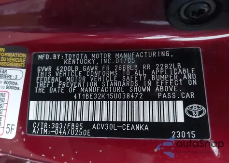 2005 Toyota Camry Le z USA, uszkodzony, nr VIN 4T1BE32K15U038472